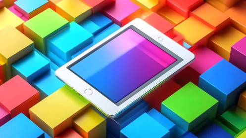 Modern tablet on vibrant geometric cubes, digital art style.