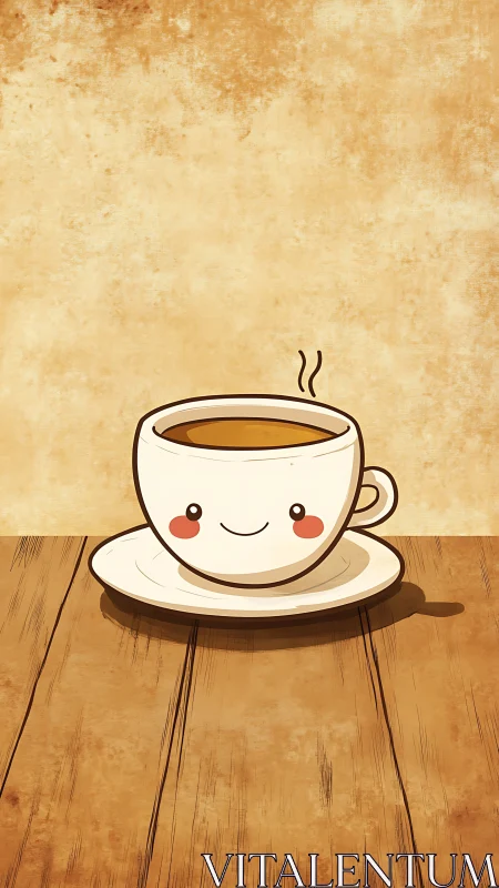 Smiling cup of coffee warms a rustic wooden morning mood.