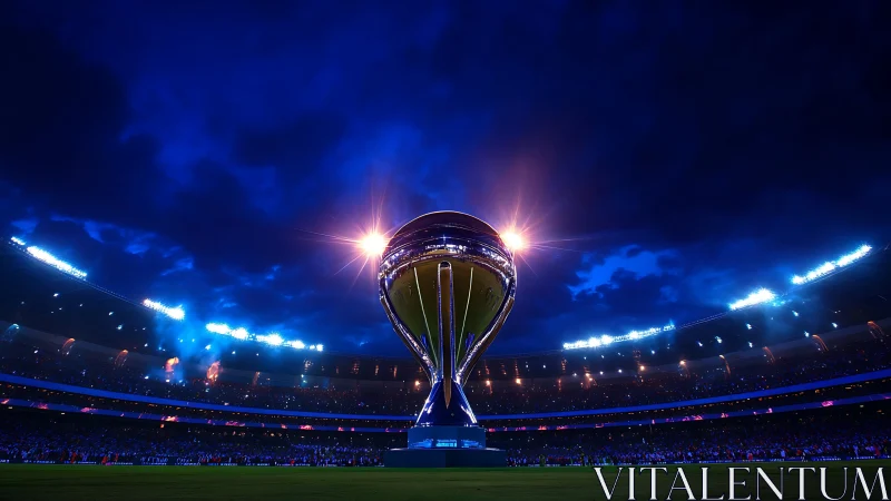 Colossal stadium trophy under intense blue night sky.