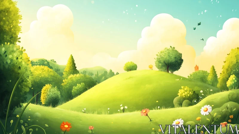 Sunlit hilltop meadow humming with soft cartoon daydreams.
