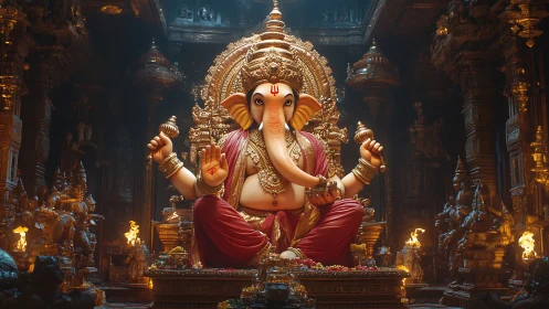 Majestic Ganesha idol in ornate golden temple sanctum.