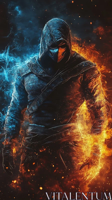 Hooded figure with dual blue and orange elemental flames.