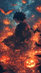 Stormlit Halloween mage wandering through glowing pumpkins.