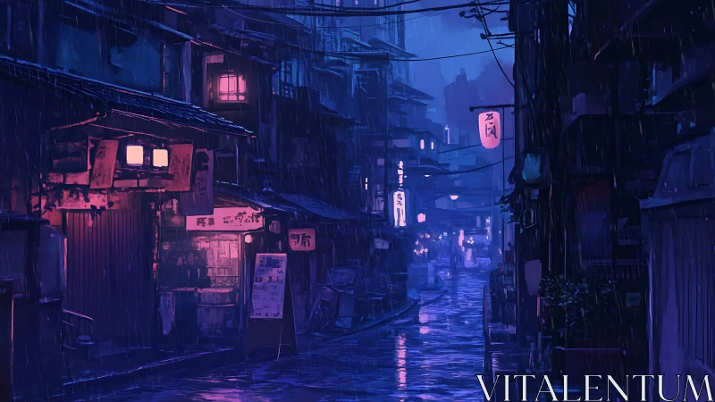 Rain-soaked neon alley glows quietly in a midnight city