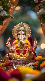 Colorful Ganesh idol sits amid marigolds under festive lights