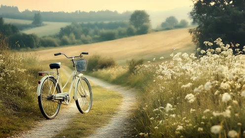 Cream bicycle dreams through rolling countryside wildflower realm