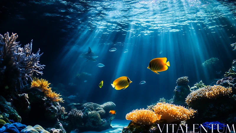 Tropical reef fish glide through sunlit underwater canyon.