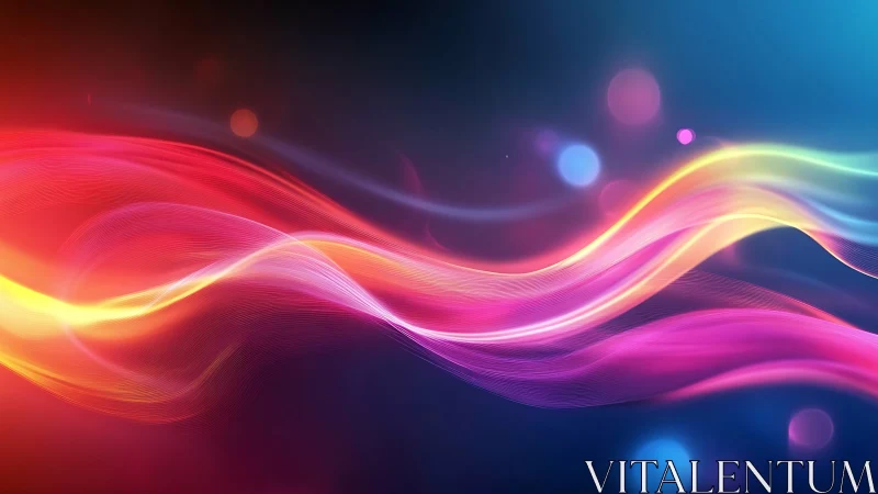 Multicolored light wave bands on dark gradient background.
