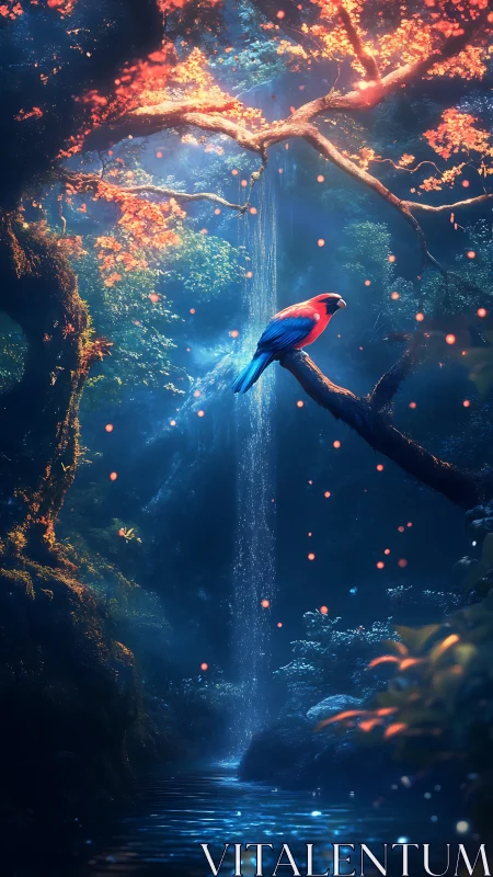Scarlet forest bird overlooks misted waterfall at dusk.