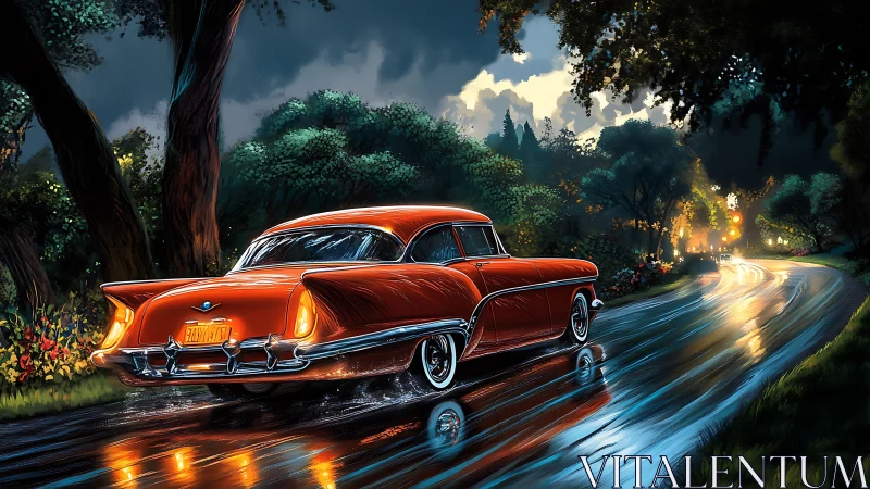 Classic red coupe on wet forest road at nightfall.