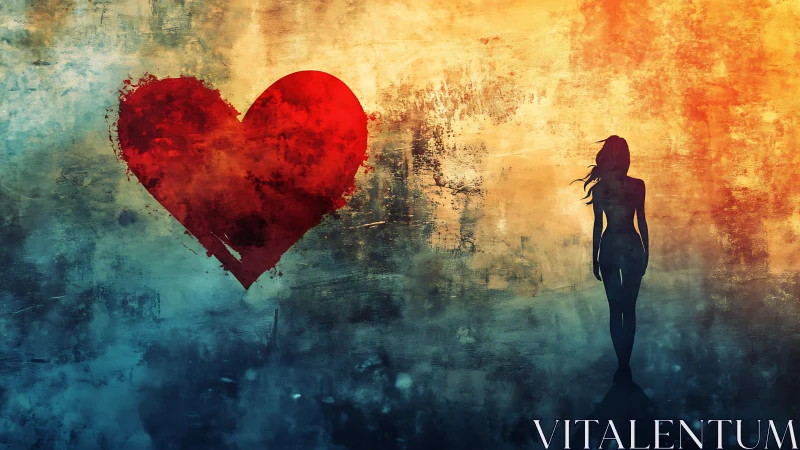 Silhouetted Figure Confronting Crimson Heart Within Atmospheric Textured Expanse