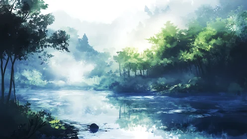 Misty Forest Lake Landscape in Digital Painting.