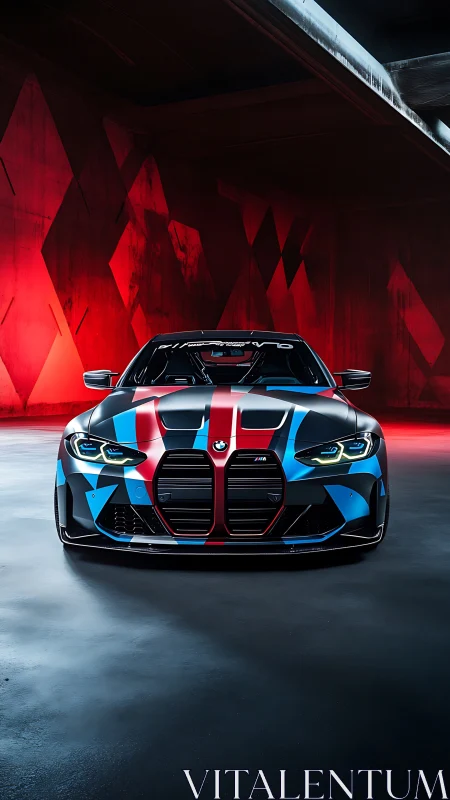 BMW M4 race coupe in tricolor livery under red tunnel light.