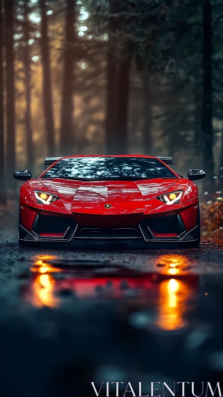 Scarlet supercar waits boldly on a misty forest roadway