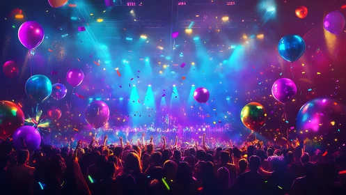 Vibrant festival crowd celebrates under neon party lights