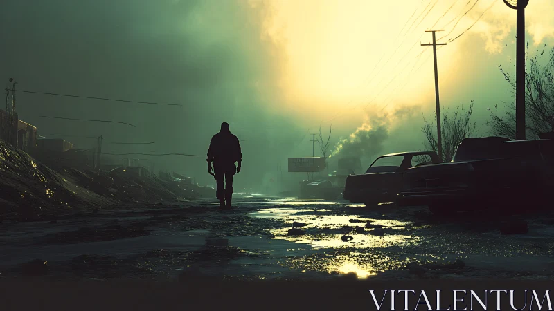 Lone wanderer strolling through a misty sunrise street.