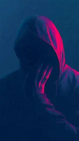 Moody hooded figure lit by contrasting cyan and magenta rim light