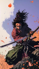 Ronin grips drawn katana amid storm of falling petals