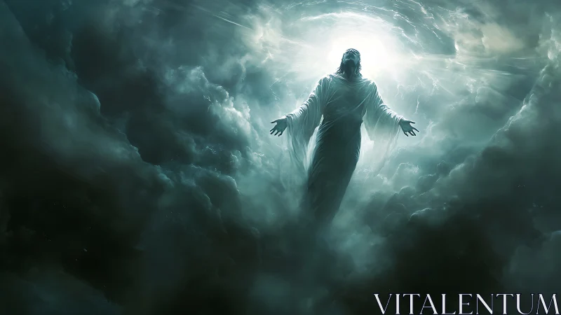 Glowing robed figure ascending amid dark storm clouds.