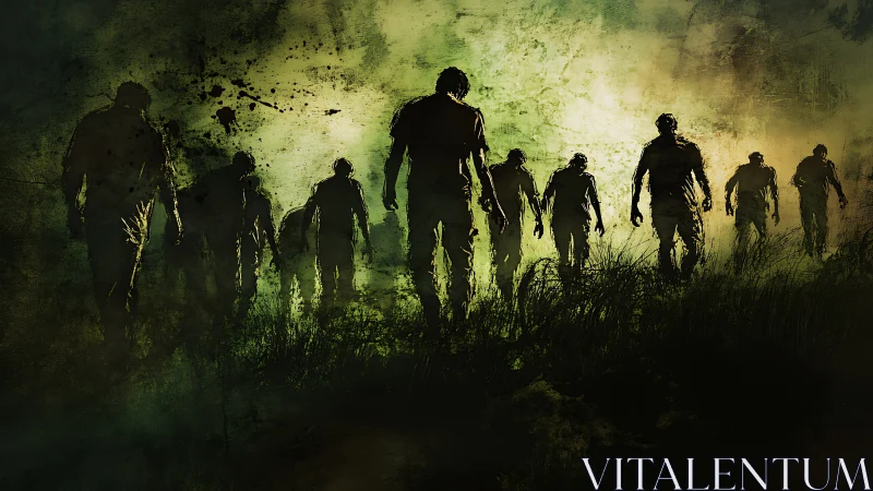 Silhouetted figures advancing through dark misty landscape.