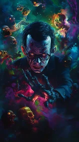 Male figure extends hand amid spectral skull forms in void