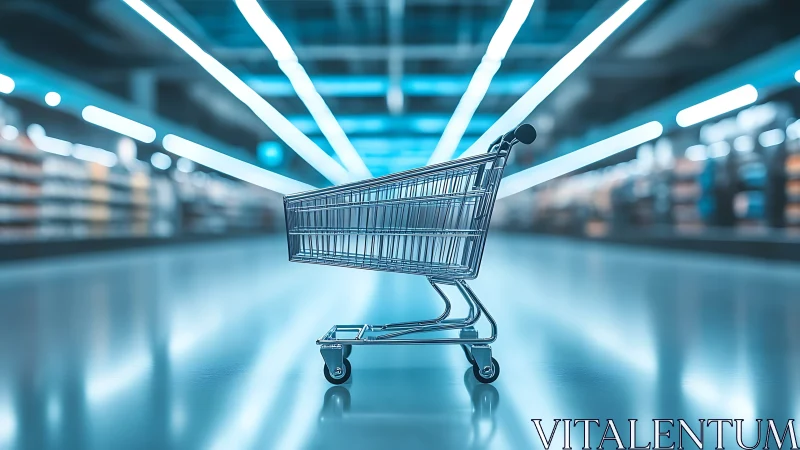 Lone chrome shopping cart cruising a neon-bright market floor.