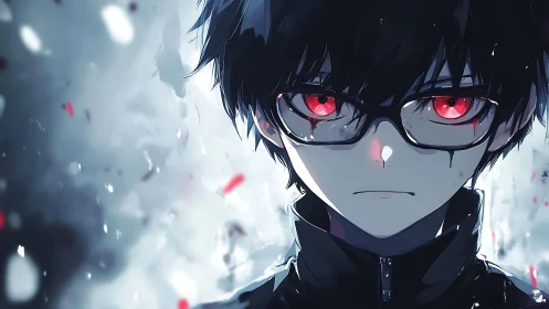 Brooding anime boy with glowing red eyes stares forward
