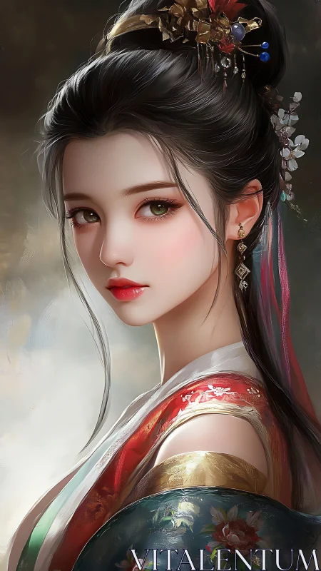 Elegant noblewoman gazes softly in ornate hanfu portrait.