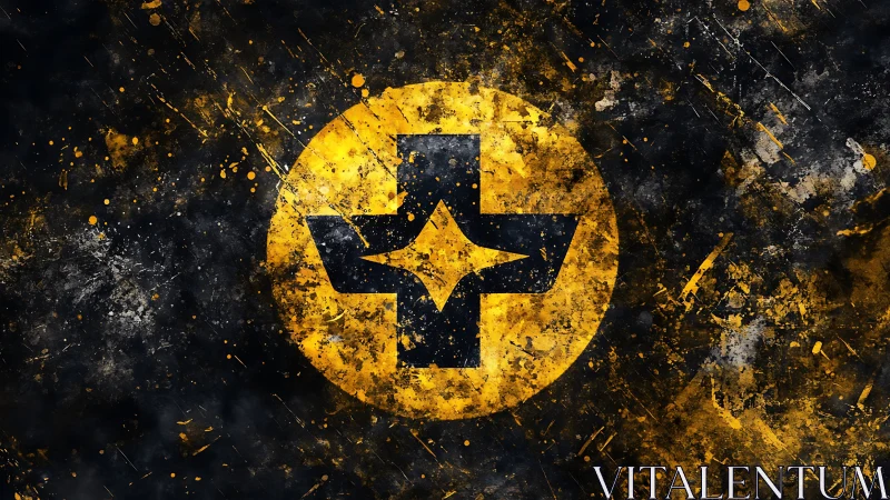 Yellow circle frames dark cross and starburst emblem