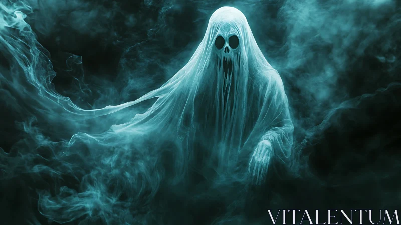 Eerie ghostly wanderer drifting through swirling teal mist.
