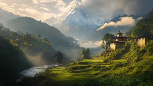 Digital painting of terraced valley temple and alpine massif.