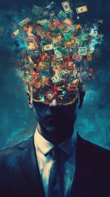 Man in suit with exploding cloud of money above head