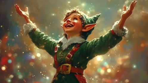 Joyful Christmas elf celebrates in glowing festive lights