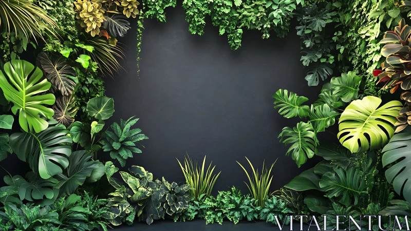 Lush tropical leaf frame around dark central backdrop.