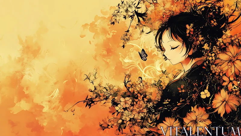 Anime portrait merges floral abstraction with warm gradient field