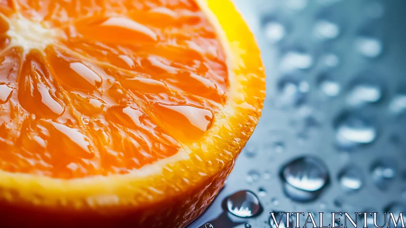 Citrus sunrise close-up, glistening on a raindrop runway.