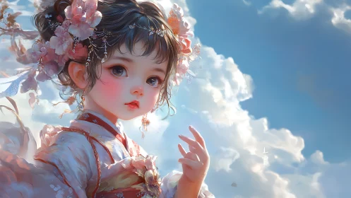 Ornate child portrait in floral hanfu under luminous clouds.