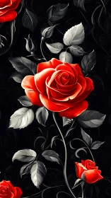 Digital red roses with white leaves on black background
