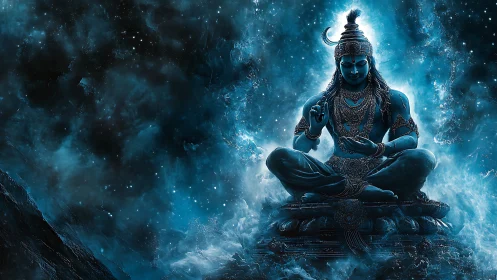 Digital painting of cosmic meditative deity in blue aura focus.