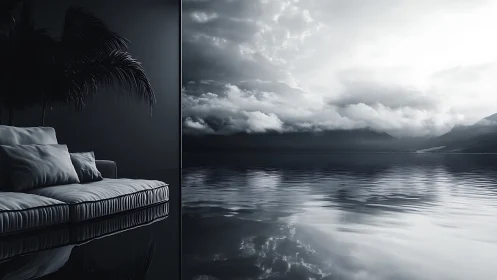 Monochrome coastal lounge interfacing with reflective waterscape.