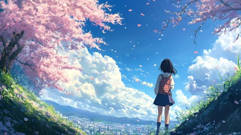 Cherry blossoms welcome a quiet girl above the sunlit town