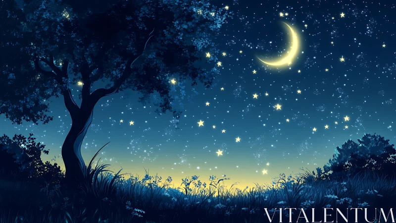 Night landscape shows crescent moon above silhouetted tree