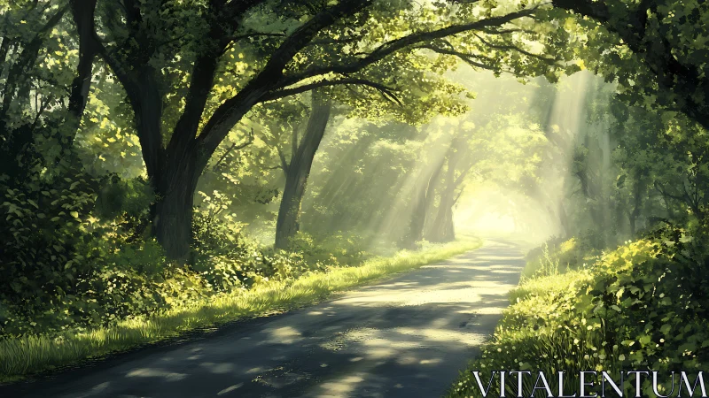 Sunlit forest roadway with volumetric light shafts and foliage canopy