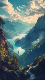 Mountain valley river with distant town and central spire