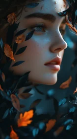Digital portrait of serene woman framed by glowing leaves.