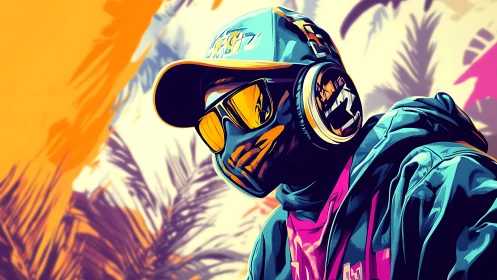 Urban gamer portrait glows in neon tropical streetlight