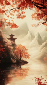 Autumn pagoda dreams drift between misted mountains and water