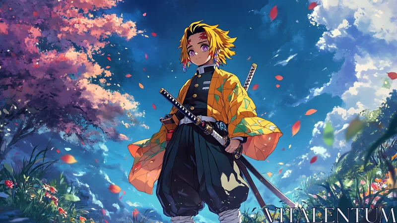 Dynamic anime swordsman framed by vibrant sky and foliage