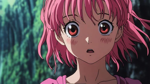 Pink haired anime girl stares ahead with wide shocked eyes