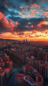 Sunset storm clouds burn above dense modern city grid.